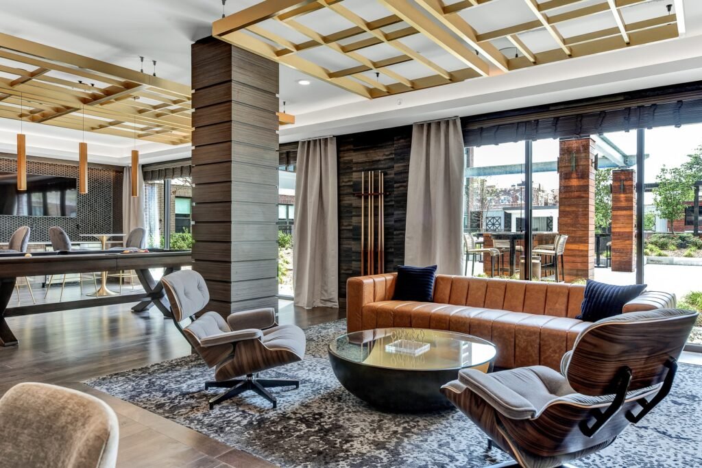 High-rise amenity FF&E lounge furnished for leasing photography in a downtown tower